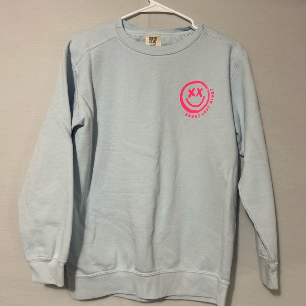 Comfort Colors Blue Crewneck Sweater with Pink Smiley
